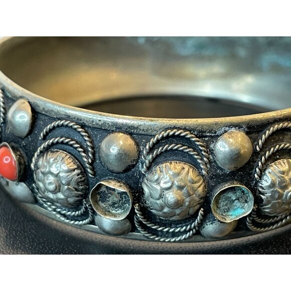 Silvertone Hinged Bangle Bracelet With Red Glass Stones - Missing Stones - Picture 9 of 11